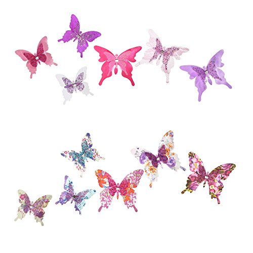 Roser Life Craft Butterflies,Decorative Artificial Butterfly Clips,Butterfly Decorations,Floral Butterflies,Handmade Vintage Ornament,Party Garden Outdoor Decor Purple Pink,Pack of 12