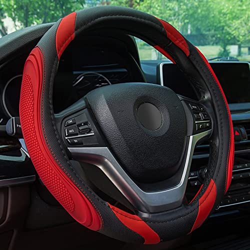 XCBYT Steering Wheel Cover - 14.5-15 Inch Car Microfiber Leather Steering Wheel Wrap Black Red Sports Fan Design Non-Slip for Man Women