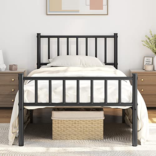 Yaheetech Twin Size Bed Frame Metal Platform Bed Frame Mattress Foundation with Spindle Headboard & Footboard/No Box Spring Needed/14 Inch Underbed Storage/Firm Support & Easy Set up Structure, Black