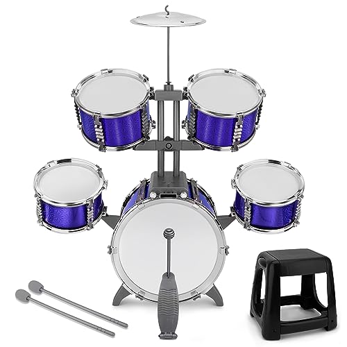 Kids Drum Set 5 Piece Toddlers Jazz Drum Kit with Stool Musical Instrument Toys for 3 4 5 6 7 Year Old Boys Girls Birthday Gift