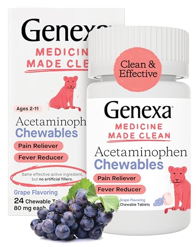 Genexa Kids’ Pain and Fever Reducer | Childrens Acetaminophen, Dye Free, Chewable Tablets for Kids 2-11 | Delicious Organic Grape Flavor | 80 mg | 24 Count