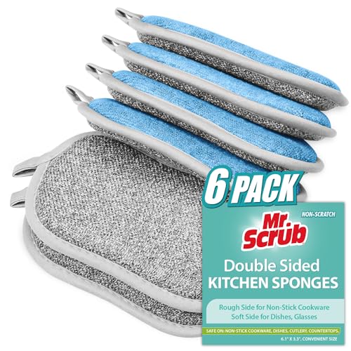 Sponges Kitchen Dish Sponge for Washing Dishes Cleaning Kitchen, All-Purpose, 6 Pack, Non Scratch, Rough Scrubbers Side for Non-Stick Cookware, Soft Microfiber Scrub Side for Dishes, Mr. Scrub