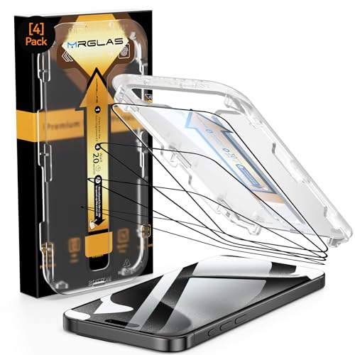 MRGLAS 4-Pack for iPhone 15 Pro Screen Protector [Auto-Alignment Kit] [10X Military Grade Protection] [HD Clear] 9H Shatterproof Tempered Glass Compatible 15 Pro 6.1' Case-Friendly, Bubbles-Free