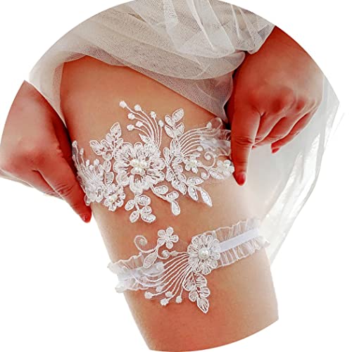 Hermoli Wedding Bridal Garters White Lace Pearl Elastice Flower Thigh Garter Sets Leg Band Accessories for Bride Bridesmaid（2pcs）