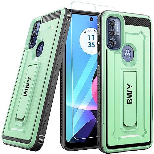 BWY Designed for Moto G Play 2023 Case with Screen Protector, Rugged Military Protective Bumper Cover for Moto G Play 2023 Phone, Built-in Kickstand - Green