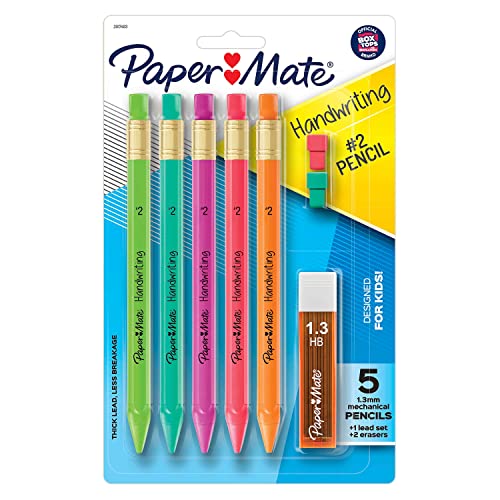 Paper Mate Handwriting Triangular Mechanical Pencil Set with Lead & Eraser Refills, 1.3mm, Fun Barrel Colors, 8 Count