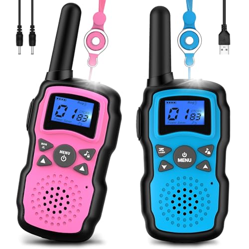 Wishouse Walkie Talkies for Kids Rechargeable Long Range,4 5 6 7 8 Year Old Boy Girl Birthday Gift,Camping Games Cool Toys Ideas for Children with 6000mAh Batteries,Flashlight,Lanyard,2 Pack Pink Blue