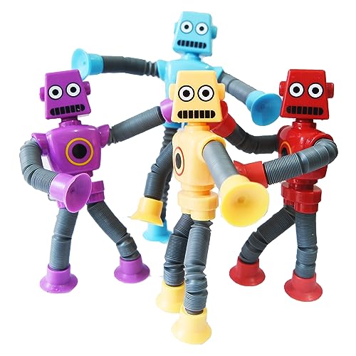 Bendable Robot Figures Set of 4, Flexible Suction Cup Men, Fidget Pop Tubes Sensory Toys for Girls and Boys