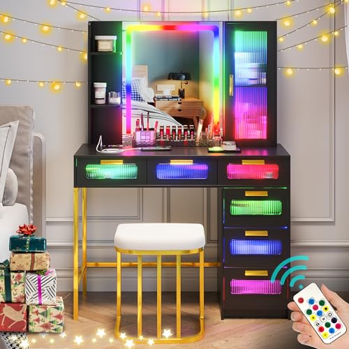 SKKTKT RGB LED Vanity Desk with Mirror and Lights, 39.5' Black Makeup Vanity Table with Auto Sensor Flow Dazzling Lights and Wireless/USB/Type C Charging, Dressing Table with Stool and 6 Drawers