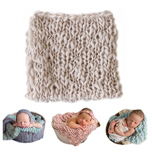 Coberllus Newborn Baby Photo Props Blanket Handmade Knitted Twist Wrap Posing Aid Backdrops for Boy Girls Photography Shoot (Creamy-Grey)