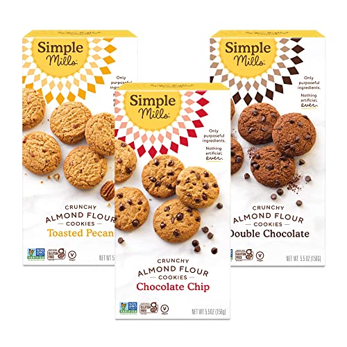 Simple Mills Almond Flour Crunchy Cookies Variety Pack (Chocolate Chip, Double Chocolate Chip, Toasted Pecan) - Gluten Free, Vegan, Healthy Snacks, Made with Organic Coconut Oil, 5.5 Ounce (Pack of 3)