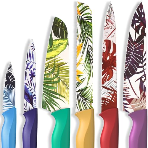 Astercook Knife Set, 12Pcs Colorful Tropical Designs Kitchen Knife Set, Palm Leaf Color-Coded Coated Stainless Steel Kitchen Knives with 6 Blade Guards, Dishwasher Safe