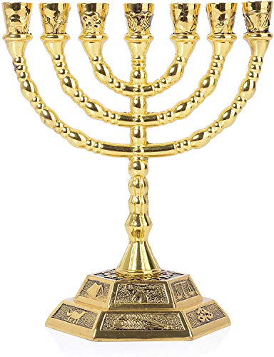 Jerusalem Large 12 Tribes of Israel 7 Branch Temple Menorah Gold 8'