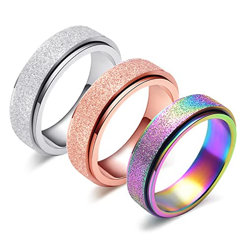 LAOYOU Spinner Ring for Women Anxiety Relief - 6MM Stainless Steel Glitter Rose Gold Silver Rainbow 3pcs Fidget Rings Band Pack Mother's Day Birthday Gifts For Mom Daughter Girlfriend Girls Size 5