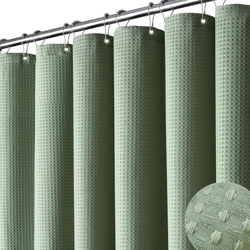 Dynamene Sage Green Shower Curtain - Waffle Textured Heavy Duty Thick Fabric Shower Curtains for Bathroom, 256GSM Luxury Weighted Polyester Cloth Bath Curtain Set with 12 Plastic Hooks，72Wx72H,Green