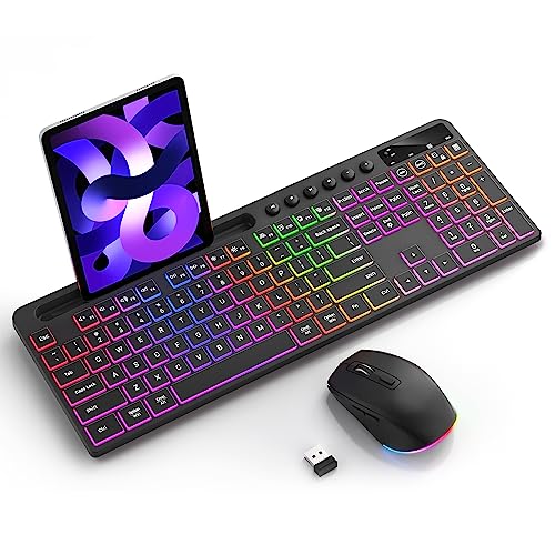 Wireless Keyboard and Mouse Combo with Backlit - Soueto Full Size Ergonomic Keyboard with Phone Tablet Holder, 2.4GHz Lag-Free Silent Computer Mouse for PC, Laptop, MacBook, Windows