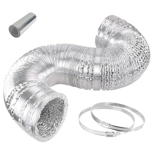 HealSmart Dryer Vent Hose 4 inch 8 feet Flexible Aluminum Foil Ducting with 2 Clamps for HVAC Ventilation, Non-Insulated, Silver