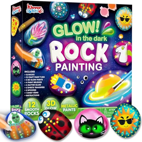 JOYIN 12 Rock Painting Kit- Glow in The Dark, 43 Pcs Arts and Crafts for Kids Ages 6-12, Art Supplies with 18 Paints, Kids Craft Paint Kits, Arts & CraftsToy for Boys Girls Birthday Party Gift