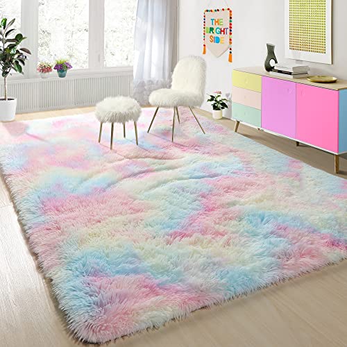 PAGISOFE 4x6 Rainbow Fluffy Soft Plush Area Rugs for Girls Bedroom, Shaggy Rugs for Kids Playroom,Kawaii Princess Fuzzy Rugs for Nursery Baby Toddler,Cute Colorful Room Decor for Teenage