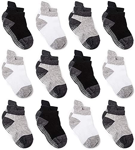 ZAPLES Baby Non Slip Grip Ankle Socks with Non Skid Soles for Infants Toddlers Kids Boys Girls, Assorted 12 Pack, 12-36 Months