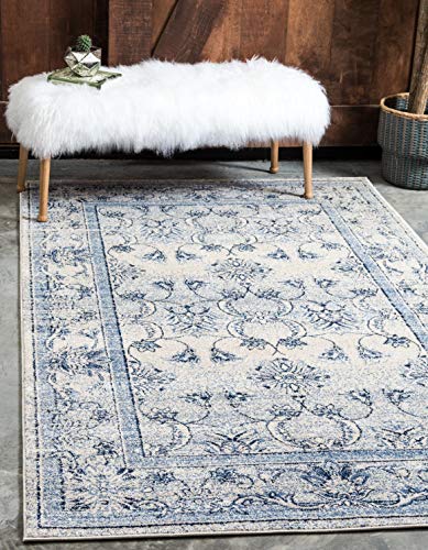 Unique Loom La Jolla Collection Botanical, Contemporary, Traditional, Rustic, Border Area Rug, 7' 1' x 10' Rectangle, Ivory Blue/Beige