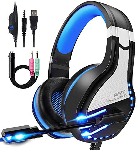 NPET HS10 Stereo Gaming Headset for PS4 PC Xbox One PS5 Controller, Noise Cancelling Over Ear Headphones with Mic,LED Light, Bass Surround, Soft Memory Earmuffs for Laptop Mac Nintendo NES Games Blue