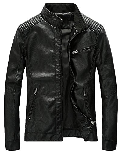 Youhan Men's Casual Zip Up Slim Bomber Faux Leather Jacket (Large, Black)