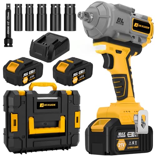 JEXUGK 1000N.m(740ft-lbs) Cordless Impact Wrench, 1/2 Inch High Torque Brushless 21V Impact Gun w/ 2 x 4.0Ah Battery & Fast Charger & 5 Sockets, Pistola De Impacto for Home Car Tires Truck Mower