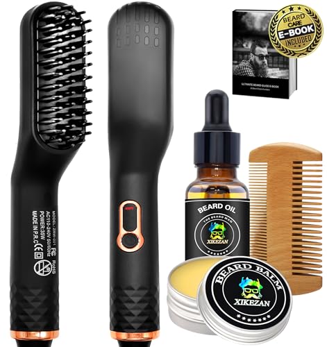 Beard Straightener w/Beard Balm & Beard Growth Oil & Beard Guide E-Book,Upgraded 3 in 1 Hair Straightener Brush Beard Straightening Comb,Unique Stocking Stuffers Gifts for Men Women Him