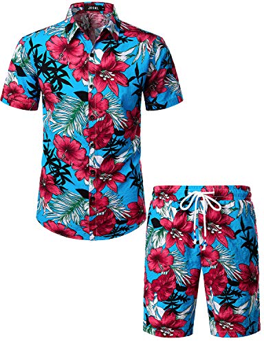 JOGAL Men's Flower Casual Button Down Short Sleeve Hawaiian Shirt Suits (Sky Blue, XXX-Large)