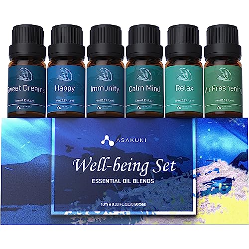 ASAKUKI Essential Oil Blends Set for Diffusers for Home, Well-Being Gift Kit- Calming, Dreams, Breathe, Relaxing, Mood, Fresh Air Aromatherapy Oils for Humidifiers, Massage, 6x10ml