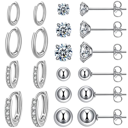 KANOUE 10 Pairs Silver Surgical Steel Earrings Sets for Multiple Piercing Lightweight Small Huggie Hoop Earrings CZ Stud Earrings for Women Trendy Cartilage Hypoallergenic