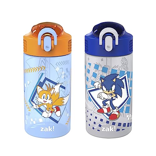 Zak Designs Sonic Kids' 2-Pack Leak-Proof Water Bottles With Straw, Handle and Pop-Up Spout Cover
