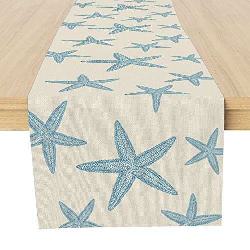 Blue Starfish Table Runner,Nautical Beach Table Runner Decor for Dinning Room Kitchen Ocean Sea Table Runner Decorations for Holiday Party, Housewarming Gifts for Women Friends Couple, 13X72Inches