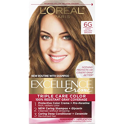 L'Oreal Paris Excellence Creme Permanent Triple Care Hair Color, 6G Light Golden Brown, Gray Coverage For Up to 8 Weeks, All Hair Types, Pack of 1