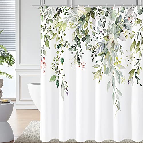 Gibelle Sage Green Eucalyptus Shower Curtain, Watercolor Plant Leaves with Floral Bathroom Decor Waterproof Fabric Shower Curtain Set with Hooks 72x72 Inch White