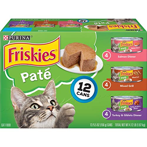 Purina Friskies Pate Wet Cat Food Pate Variety Pack Salmon Dinner, Turkey and Giblets and Mixed Grill - (2 Packs of 12) 5.5 oz. Cans