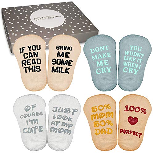 SurBaby Baby Socks Gift Set- Cute & Funny Unique Baby Shower Gifts & Registry Idea-Baby Gift Sets Unisex – 90% Cotton, Anti slip, Cutest Gift Box – Socks with Funny Sayings (4 unique pairs)