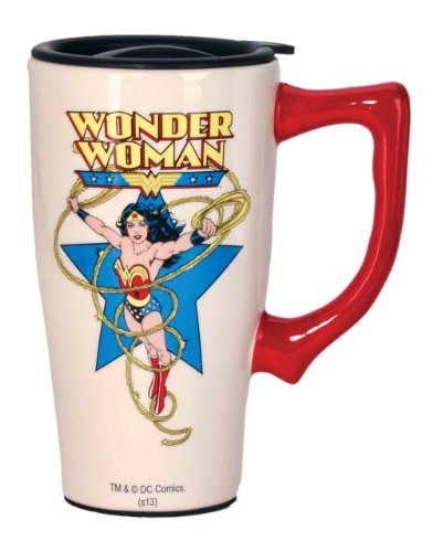 Spoontiques - Ceramic Travel Mugs - Wonder Woman Cup - Hot or Cold Beverages - Gift for Coffee Lovers