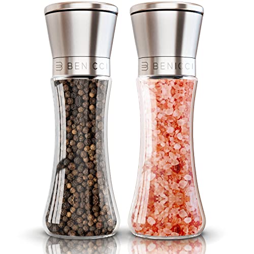 Premium Salt and Pepper Grinder Set of 2 - Two Refillable, Stainless Steel Sea & Spice Shakers with Adjustable Coarse Mills Easy Clean Ceramic Grinders w/BONUS Silicone Funnel Cleaning Brush