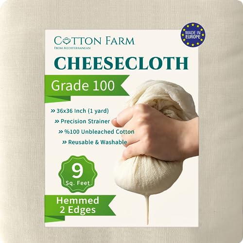 Cotton Farm Grade 100 XL Cheese Cloths - Straining & More; 36x36 Inch; 100% Unbleached Cotton Cheesecloth; Reusable with Hemmed 2 Edges; Ultra-Dense (the finest) Butter Muslin