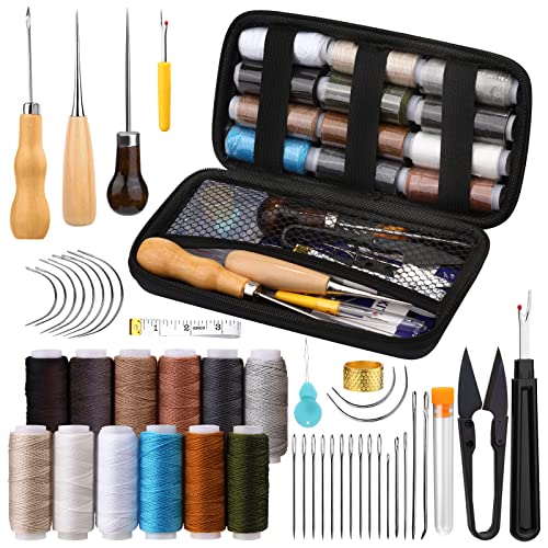 BAGERLA Upholstery Repair Kit, 48pcs Leather Sewing Kit with Upholstery Thread, Sewing Awl, Seam Ripper, Needles, Thimble Leather Stitching Kit for Carseat Carpet Shoes Backpack Repair DIY Crafting