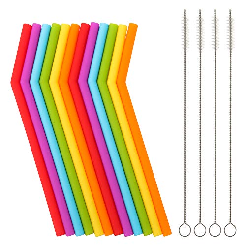 Reusable Silicone Straws for Toddlers & Kids - 12 pcs Flexible Short Drink 6.7' Straws for 6-12 oz Yeti/Rtic/Ozark Tumblers & 4 Cleaning Brushes - BPA free, Eco-friendly,no Rubber Tast