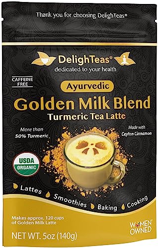 DelighTeas Organic Golden Milk Powder with Turmeric, Ginger, Ceylon Cinnamon | Ayurvedic Spices for Golden Turmeric Latte | Unsweetened, Vegan, Non-GMO, Keto | 120 Servings, 5 oz.