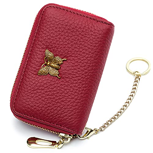 imeetu RFID Credit Card Holder for Women Small Leather Zipper Card Case Wallet with Removable Keychain (Red)