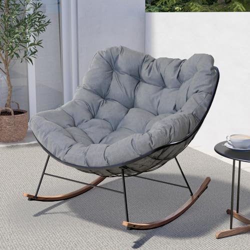 Grand patio Outdoor Rocking Chair E-Coated Papasan Rocking Chair with Cushion Outdoor Rocker Recliner Chair for Patio Porch Garden Backyard Grey