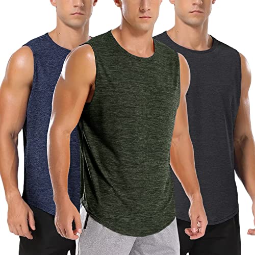 Amussiar 3 Pack Men's Dry Fit Muscle Gym Tee Loose Workout Tank Top Fitness Sleeveless Shirt(Black/Navy Blue/Green, Large)