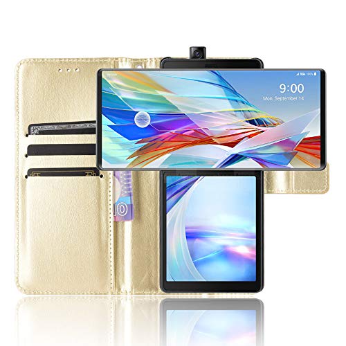 DAMONDY for LG Wing Case,LG Wing 5G Case,Premium PU Leather Card Slots Magnetic Kickstand Flip Hand Strap Wallet Case for LG Wing 5G -Gold
