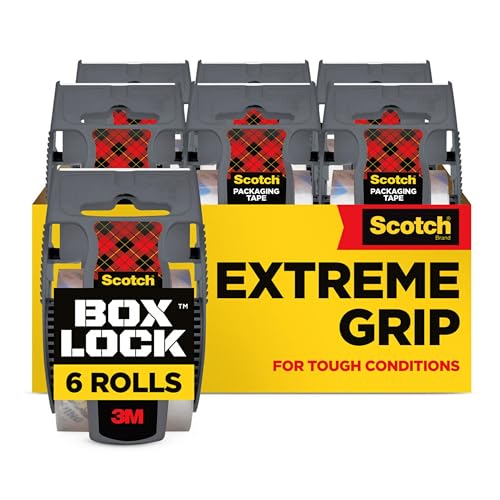 Scotch Box Lock Packing Tape, Clear, Extreme Grip Box Packaging Tape for Shipping and Mailing, 1.88 in. x 22.2 yd., 6 Tape Rolls with Dispensers