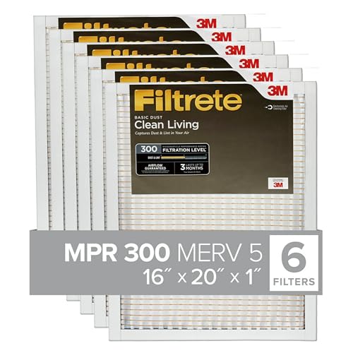 Filtrete 16x20x1 AC Furnace Air Filter, MERV 5, MPR 300, Capture Unwanted Particles, 3-Month Pleated 1-Inch Electrostatic Air Cleaning Filter, 6-Pack (Actual Size15.69x19.69x0.81 in)